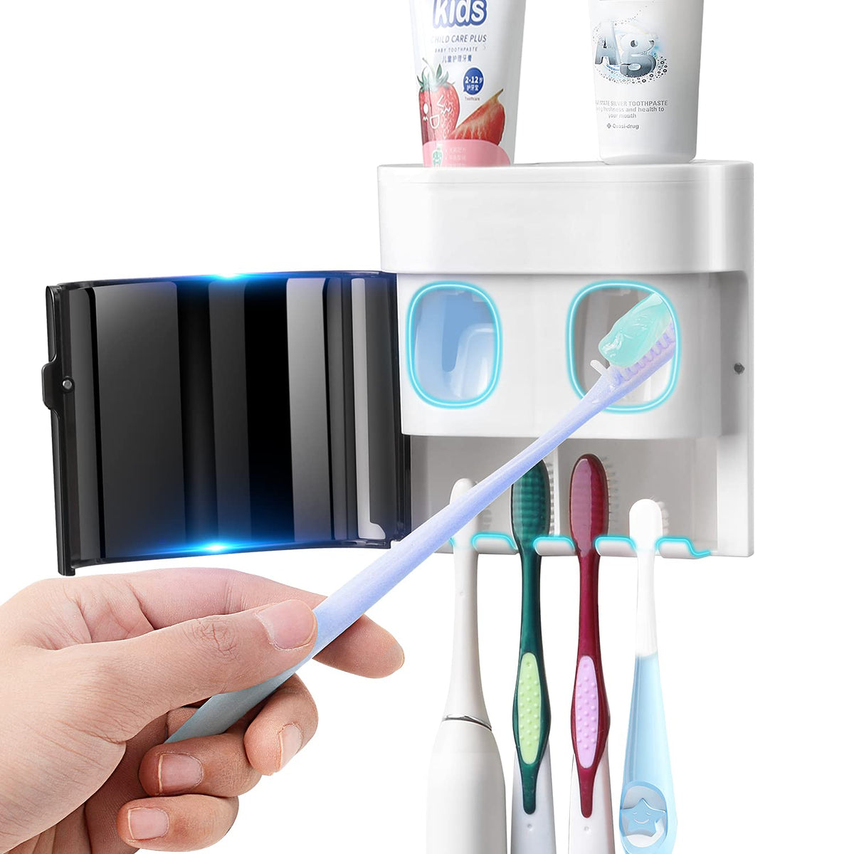 GFWARE Toothbrush Holder Toothpaste Dispenser Wall Mounted with Cover, 4 Slots Tooth Brush Storage Organizer with Automatic Kids Toothpaste Squeezers for Shower Bathroom Black | Automatic Toothpaste dispenser for Kids, Bathroom Storage Organizer with Dust