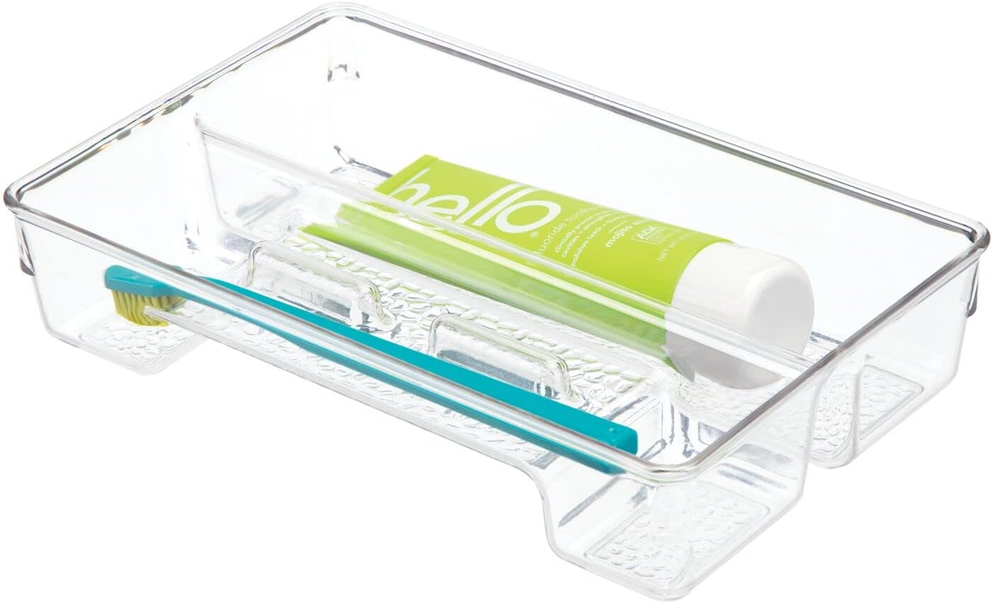 mDesign Plastic Toothbrush Holder, Storage Organizer Bin for Bathroom Vanity, Drawer, Cabinet, Closet - Holds Electric Spin Toothbrush, Toothpaste, Dental Floss Picks, Teeth Whitening Strips - Clear