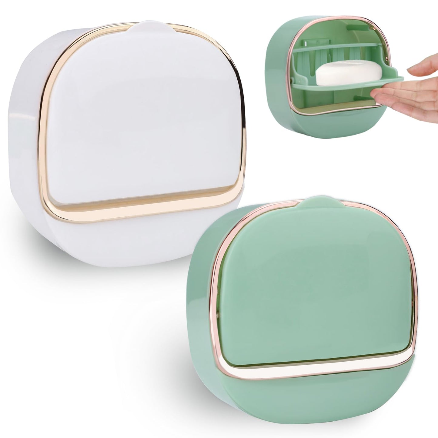 ASTIMESA 2 Packs Waterproof Wall-Mounted Soap Dishes Box, Adhesive Plastic Soap Holder with Drain Lid Tray for Bar Bathroom Shower Keep Dry Flip Self Draining White & Dark Blue