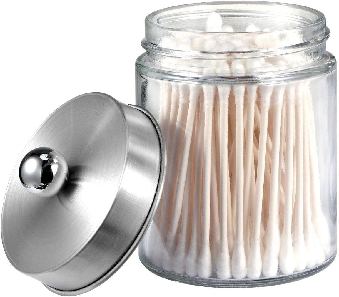 Amolliar Apothecary Jar Qtip Holder w/Metal Lid, Glass, Brushed Nickel | for Bathroom Vanity Storage, Countertop, Farmhouse Style, Holds Cotton Swabs, Dental Floss, Makeup Sponges
