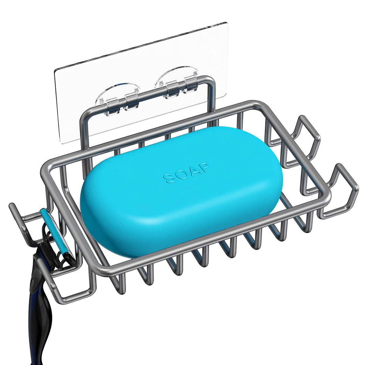 Nieifi Bar Soap Holder for Shower Wall, Adhesive Soap Dish for Bathroom | Stainless steel, razor holder, 4 hooks, soap dish for shower, wall mounted, soap caddy, sponge holder, rustproof, silver
