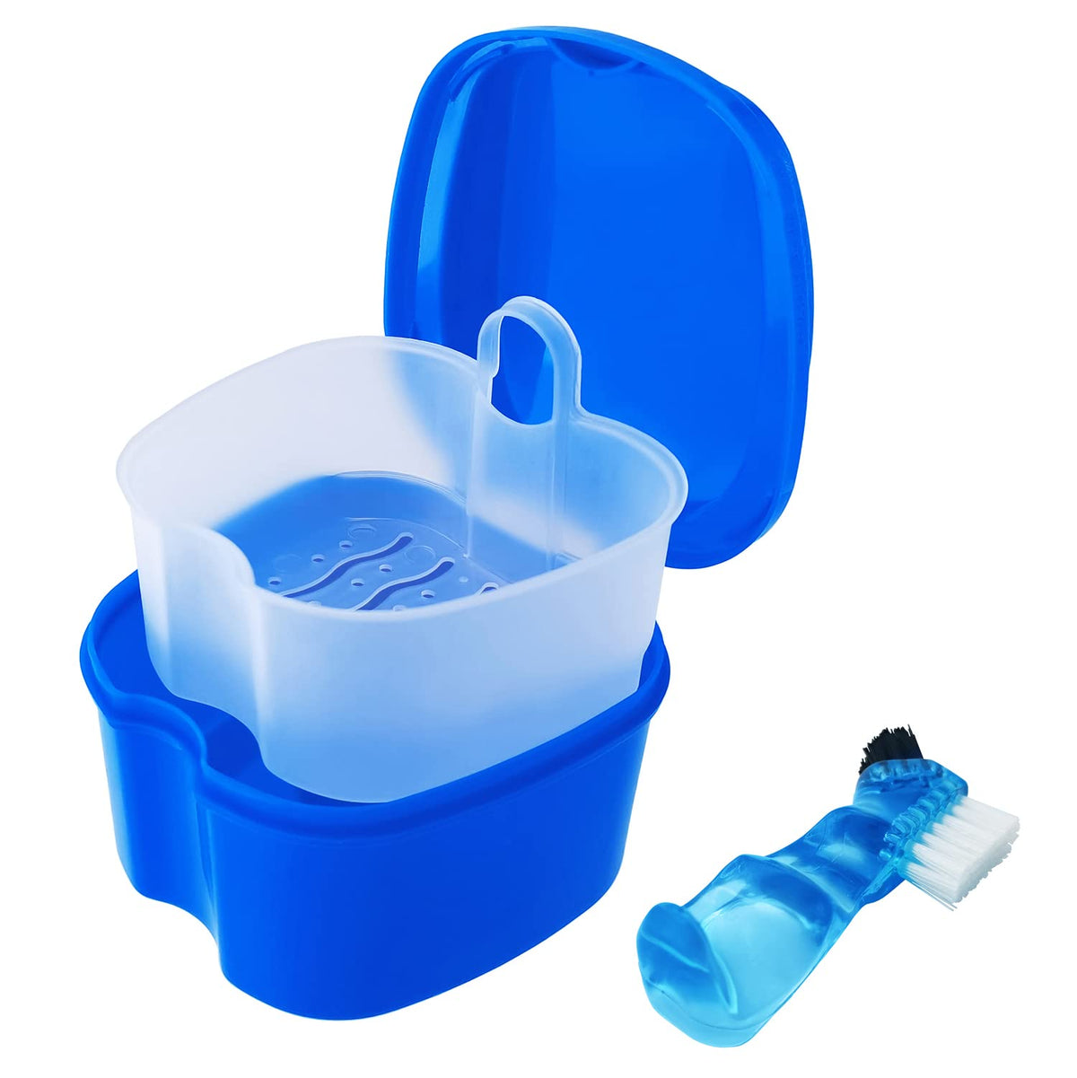 2 Pack Denture Case Dental Mouthguard Case, Denture Bath Box Cleaning with Brush, Strainer Basket and Lid Waterproof - Purple and Blue