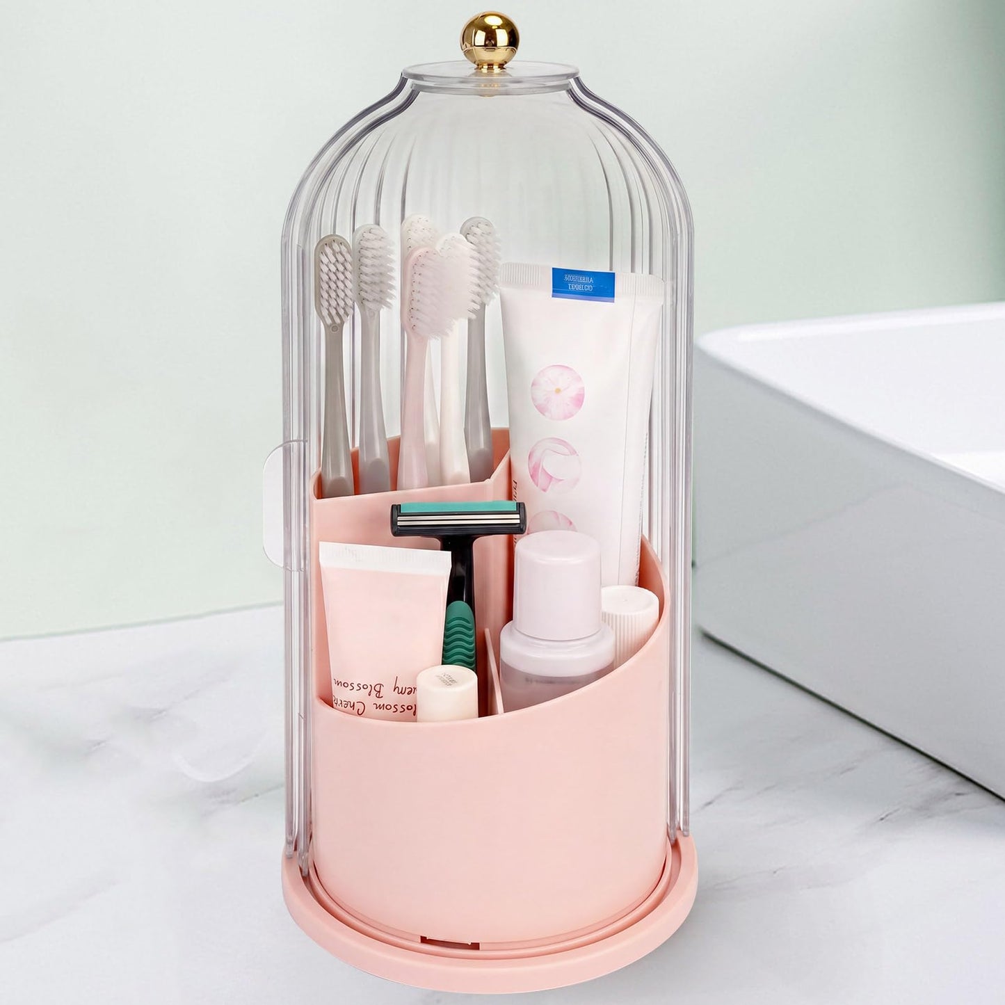 QIYVLOS Toothbrush Holders with Sliding Lid, Rotating 3 Slots Bathroom Organizer Countertop, Tooth Brush Toothpaste Holder Bathroom Counter Stand Sink Organizer Caddy for Vanity Makeup Brushes Holder