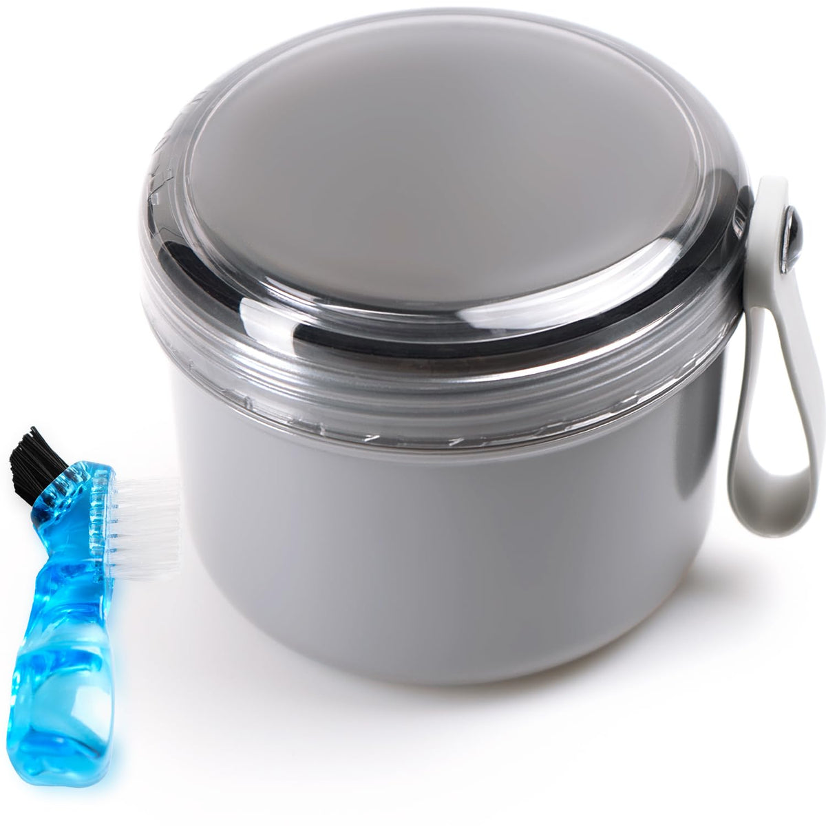 Leak Proof Travel Denture Bath Case for Full Dentures, Denture Cups for Soaking Dentures, Denture Container Cups with Brush for Dentures, Aligner, Retainers, Mouth Guard (Gray)