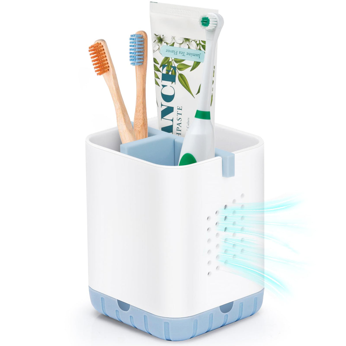 Boperzi Toothbrush and Toothpaste Holder with Bamboo Divider for Bathroom Countertop Organizer, Plastic Detachable Anti-Slip Large Electric Toothbrush Holders Storage Caddy Drainage for Family, Kids