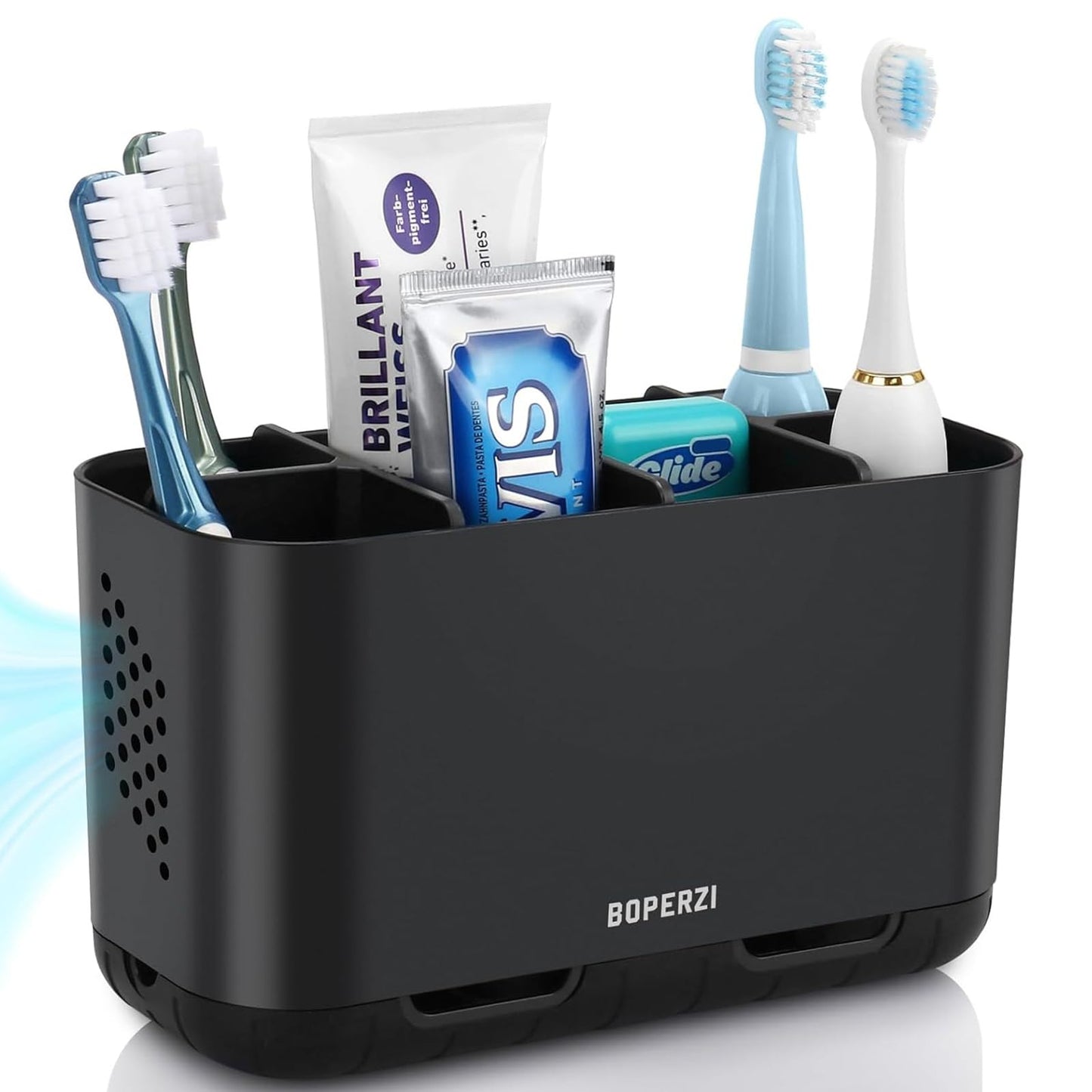 Boperzi Toothbrush and Toothpaste Holder Drainage for Bathroom Countertop with Adjustable Dividers, Large Toothpaste Caddy Organizer Storage Rustic Decor Set Anti-Slip for Shower,Family,Kids Gray