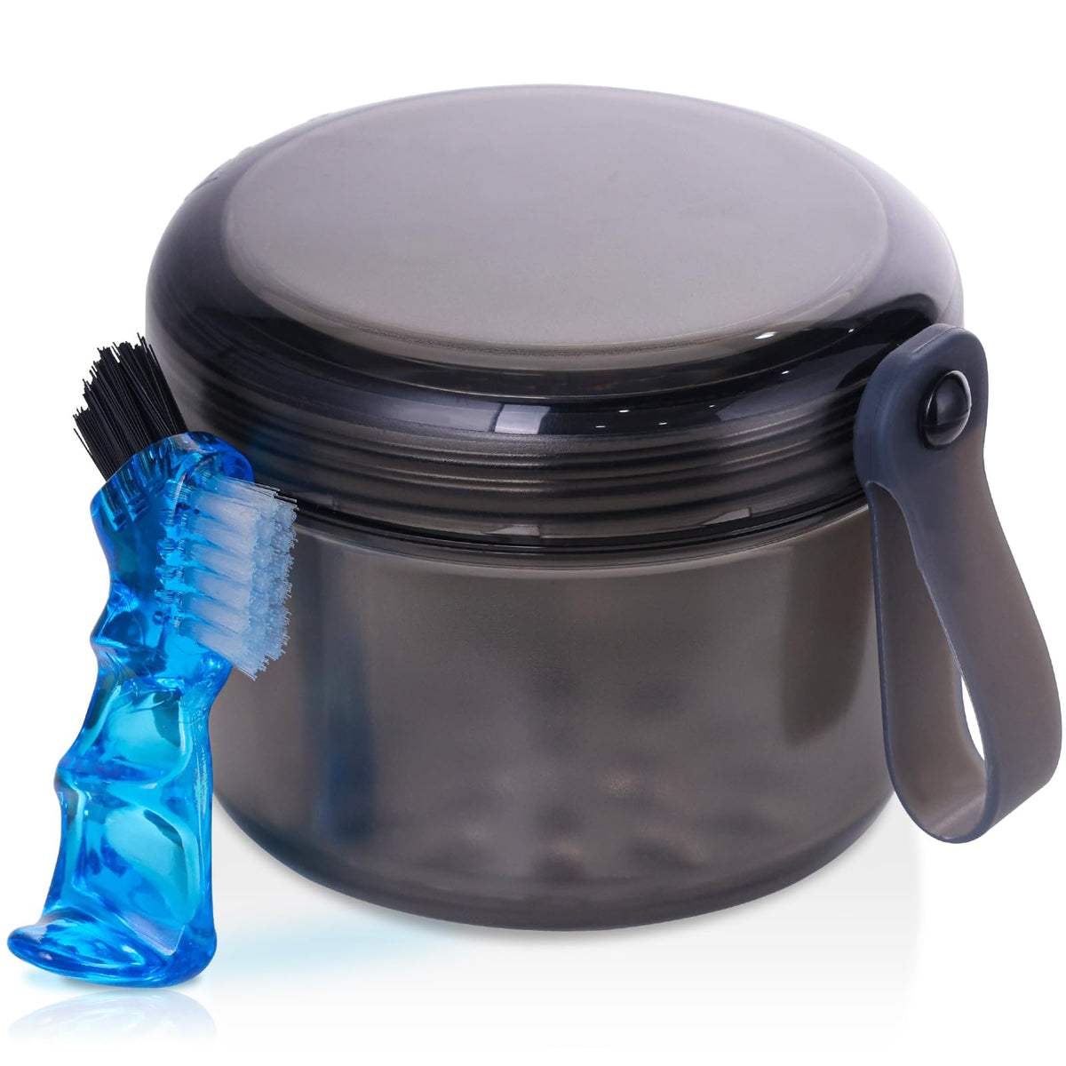 Denture Case, Leakproof Denture Soaking & Retainer Cleaning Container Cup | Durable, With Strainer Basket for Cleaning Full & Partial Dentures, Retainer, Mouthguard, Kit: Denture Cleaner Brush - Grey