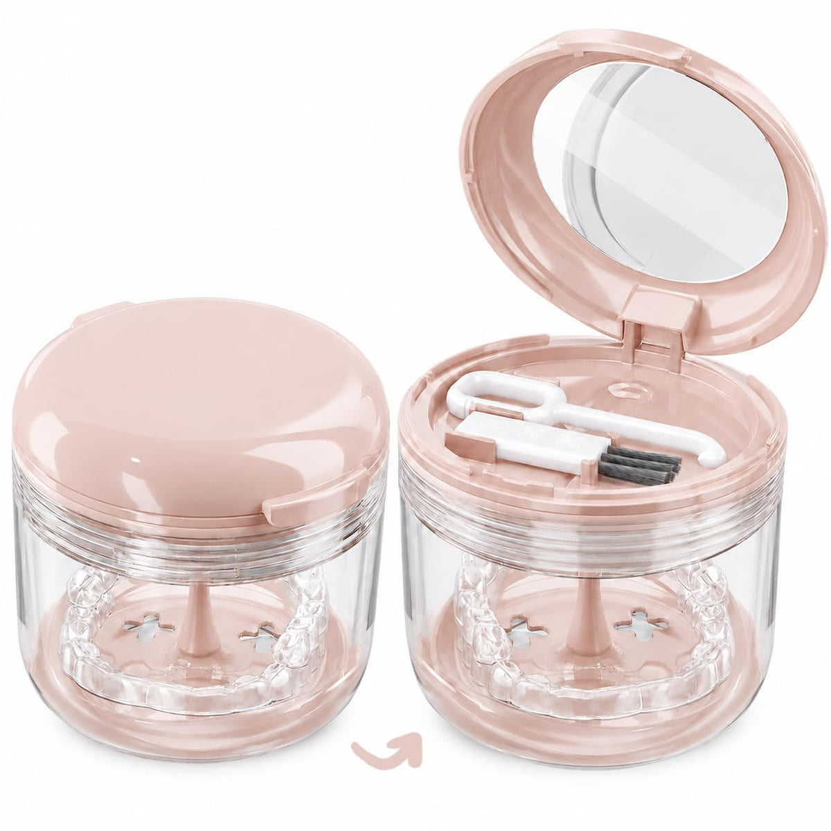 Retainer case, Denture Bath Cup，Retainer Cleaner Case Box,Night Mouth Guard Case Holder,Storage Soak Container with Drain Tray for Travel Cleaning with Mirror and Brush