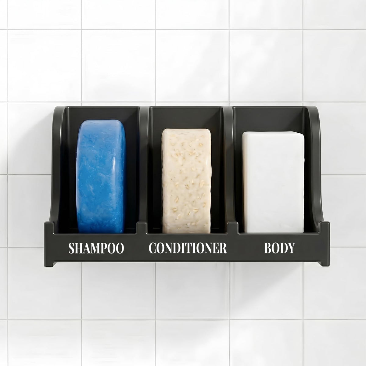 Soap Holder for Shower Wall, 3-Compartment Soap Dish [Patent Pending] | For Shampoo, Conditioner and Body Soap, Fast Draining & Rust-Proof, Strong Adhesive for Long-Term Bathroom Use & Freestanding