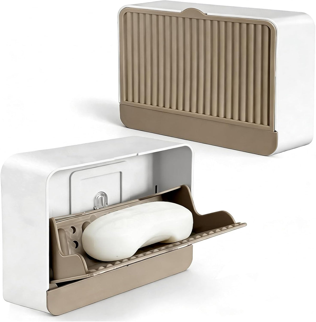 Wall‑Mounted Soap Dish Holder with Self‑Adhesive Wall Hooks, Removable Drain Tray for Draining Water, Keeps Soap Dry, Space Saver for Bathroom Shower Sink Kitchen (1-Pack Khaki-Single Compartment)