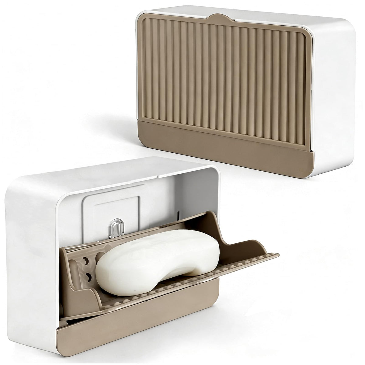 Wall‑Mounted Soap Dish Holder with Self‑Adhesive Wall Hooks, Removable Drain Tray for Draining Water, Keeps Soap Dry, Space Saver for Bathroom Shower Sink Kitchen (1-Pack Khaki-Single Compartment)