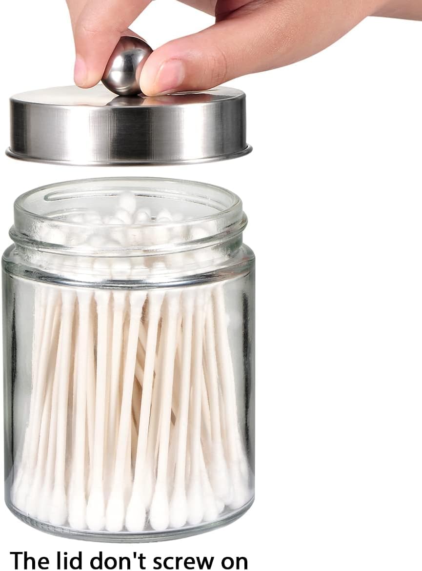 Amolliar Apothecary Jar Qtip Holder w/Metal Lid, Glass, Brushed Nickel | for Bathroom Vanity Storage, Countertop, Farmhouse Style, Holds Cotton Swabs, Dental Floss, Makeup Sponges