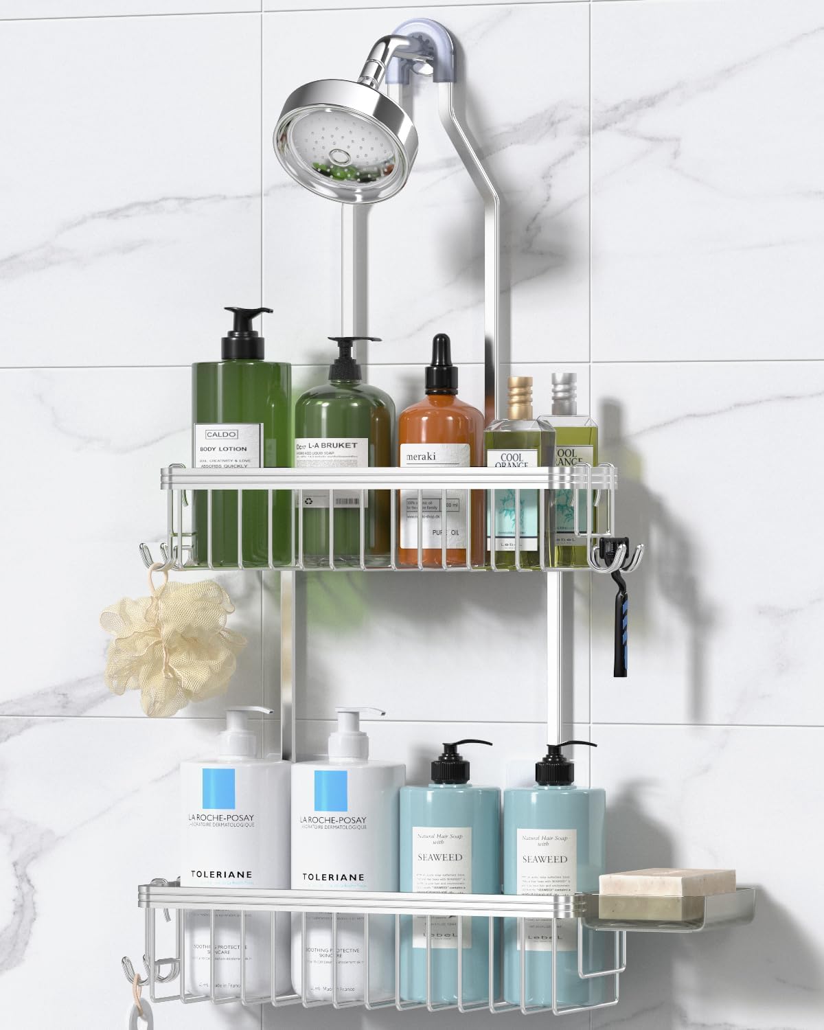 YASONIC Never Rust Shower Caddy Hanging, Aluminum Shower Racks for Inside Shower, 3-Tier Shower Organizer Hanging Over Shower Head with Hooks and Soap Holder, Silver