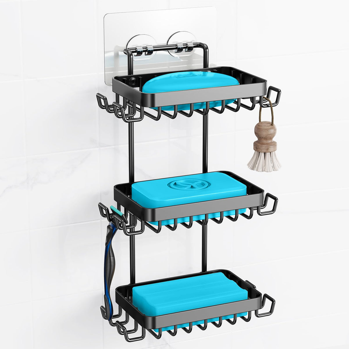 Nieifi Bar Soap Holder, Adhesive Soap Dish for Bathroom Shower Wall | Stainless steel, 2 tier, razor holders, 8 hooks, bathtub, kitchen sink, wall mounted, no drilling, counter, black