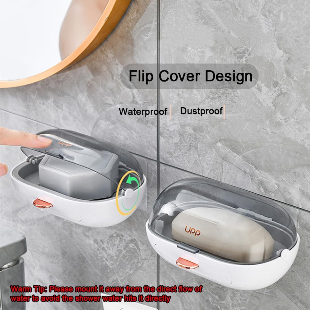 2 Pack Shower Soap Dish Holder with Lid, Bar Soap Container with Drain | Wall Mounted Soap Box Container for Shower, Bathroom, Bathtub, Kitchen Sink, Adhesive Included