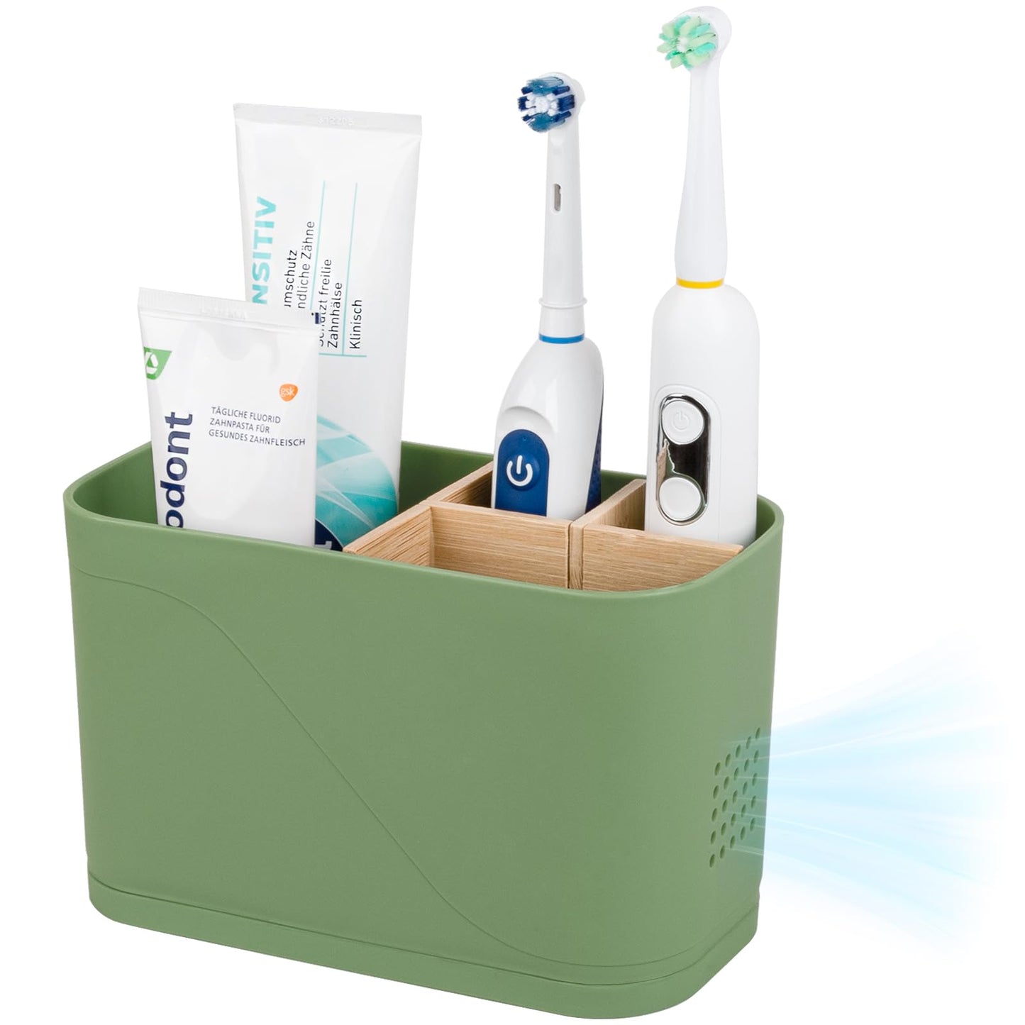 Electric Toothbrush Holder Tooth Brush and Toothpaste Organizer, Black | 3 Slots, Drainage Holes, Removable Bamboo Divider, Ventilation Design, Space-Saving, for Bathroom Countertop, Shower, Vanity
