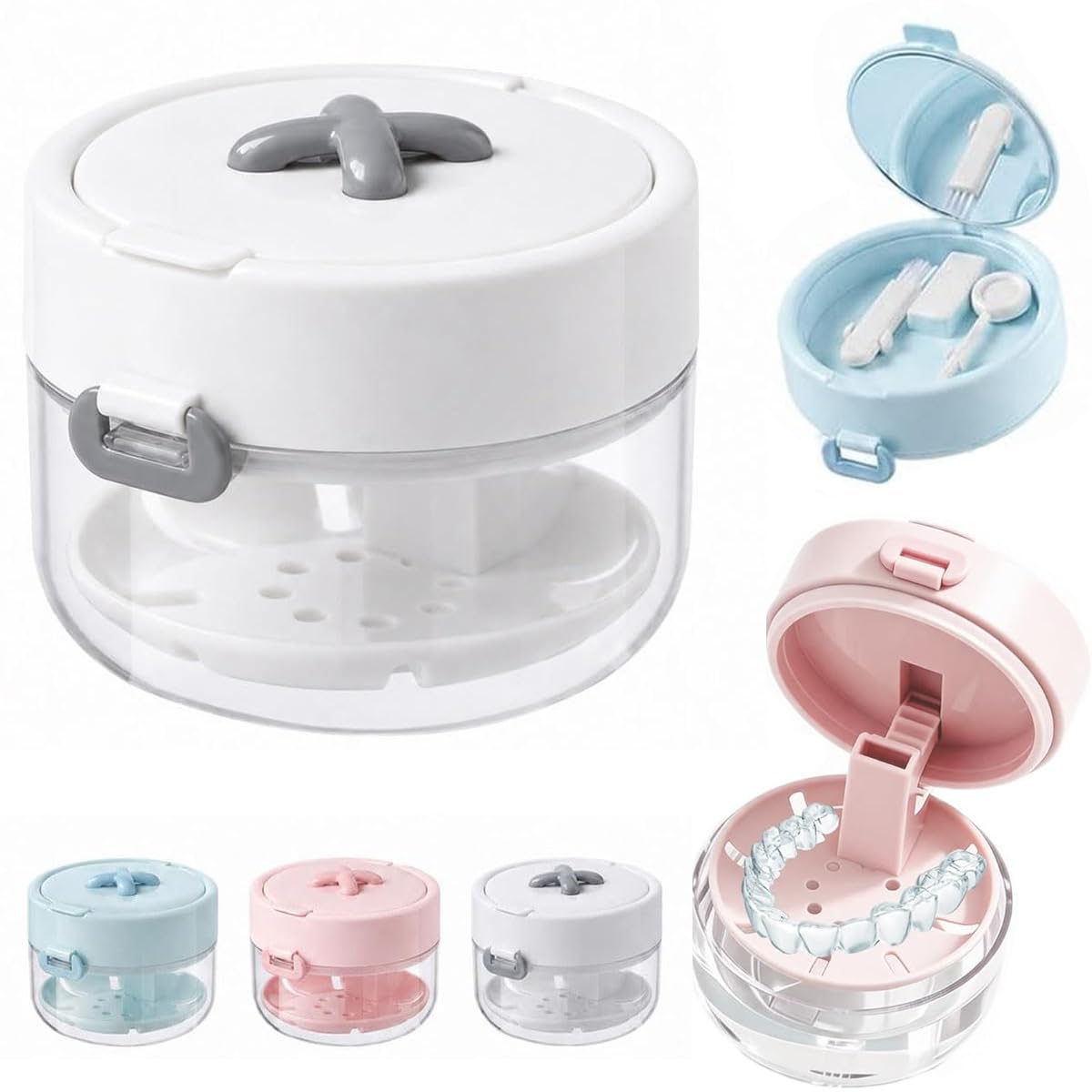 3-in-1 Retainer Case with Mirror & Cleaning Brush, Leak-Proof Aligner Storage Box with Auto-Rising Bath, Strainer Basket & Remover Tool, Portable Dental Travel Kit for Daily Care (White)