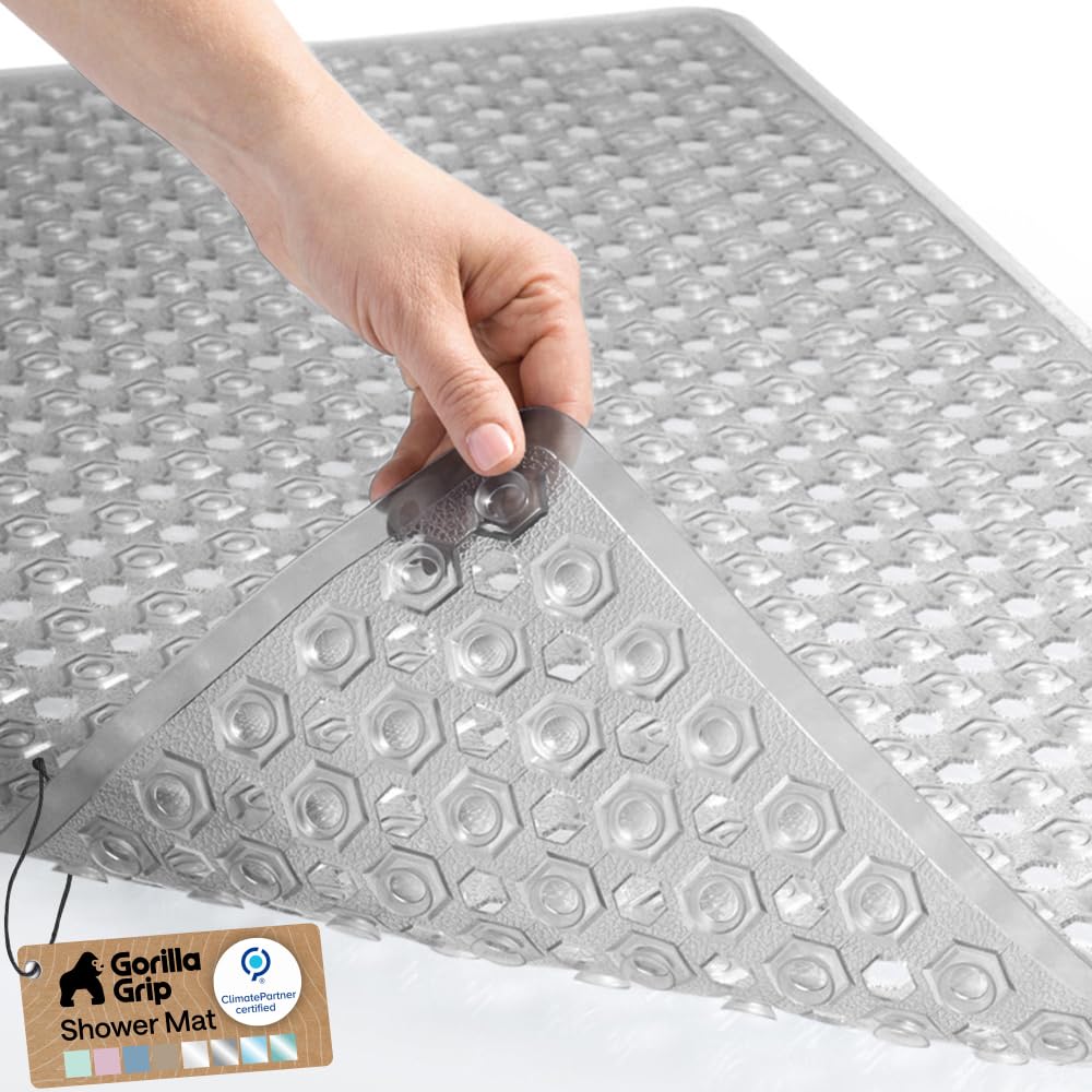 GORILLA GRIP Bath Tub Shower Mat, Bathtub Floor Liner, 35x16 Clear | Patented Large Mats, Machine Washable, Suction Cups and Drain Holes to Keep Tubs Clean, Soft on Feet, Bathroom Essentials