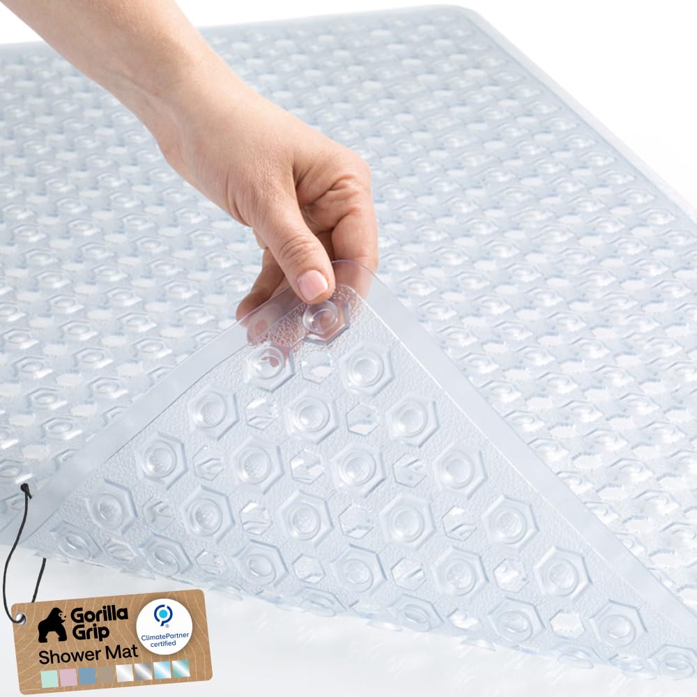 GORILLA GRIP Bath Tub Shower Mat, Bathtub Floor Liner, 35x16 Clear | Patented Large Mats, Machine Washable, Suction Cups and Drain Holes to Keep Tubs Clean, Soft on Feet, Bathroom Essentials