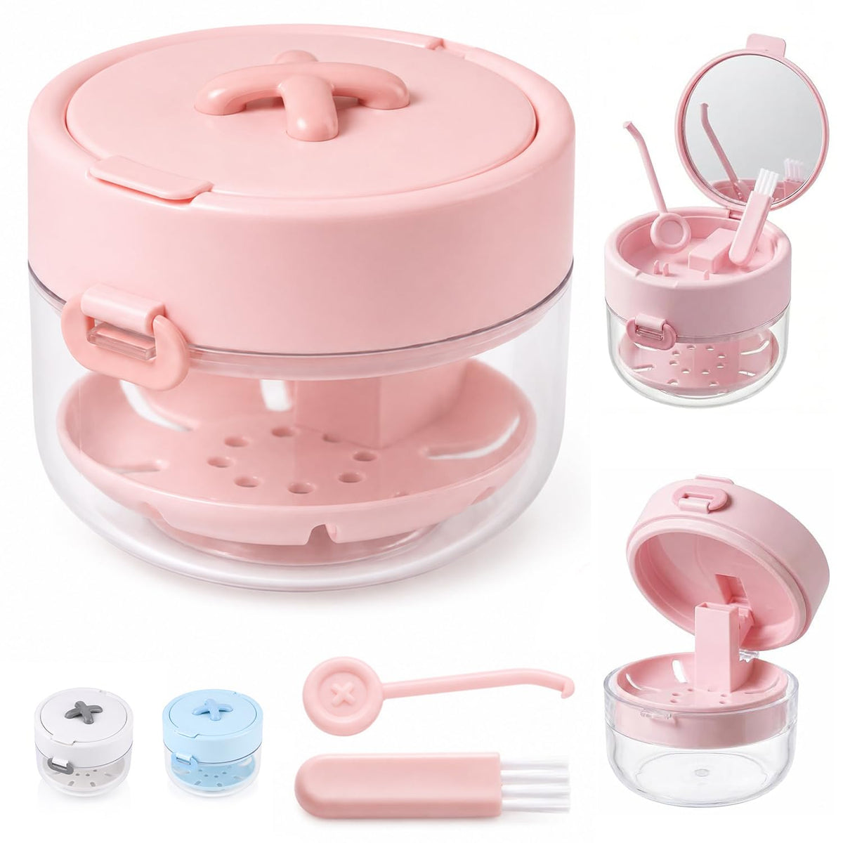 3-in-one dentures, retainer cleaning box,Retainer Case for Women Teen Girls,Large Capacity Denture Bath Case with Mirror Cleaning Brush and Removal Tool for Orthodontic and Denture Users(white)