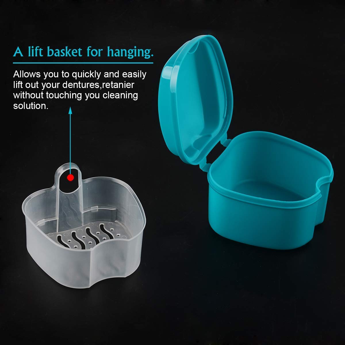 Coolrunner Denture Case, Denture Cup with Strainer, Denture Bath Box False | Teeth Storage Box with Basket Net Container Holder for Travel, Retainer Cleaning (Green)