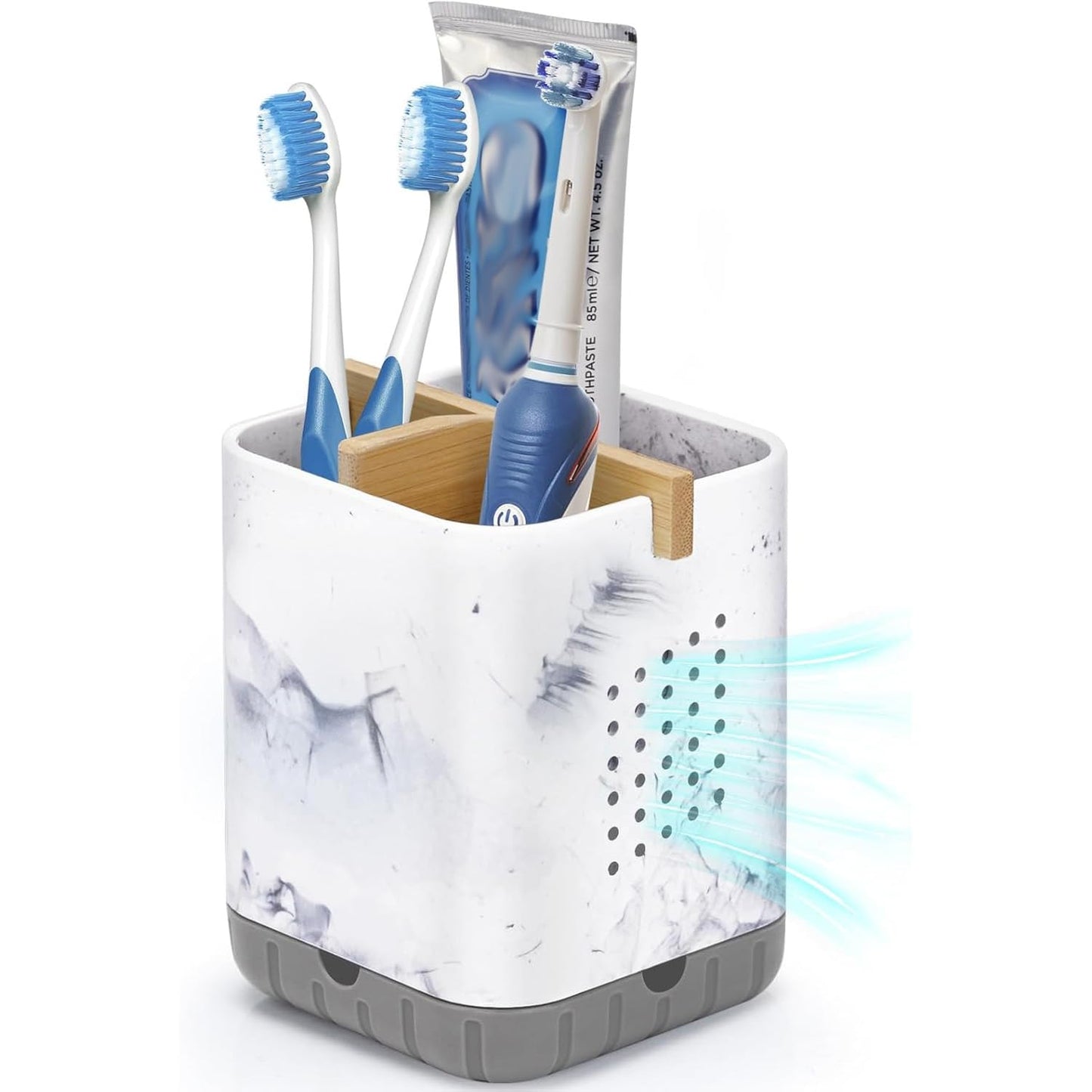 Boperzi Toothbrush and Toothpaste Holder with Bamboo Divider for Bathroom Countertop Organizer, Plastic Detachable Anti-Slip Large Electric Toothbrush Holders Storage Caddy Drainage for Family, Kids