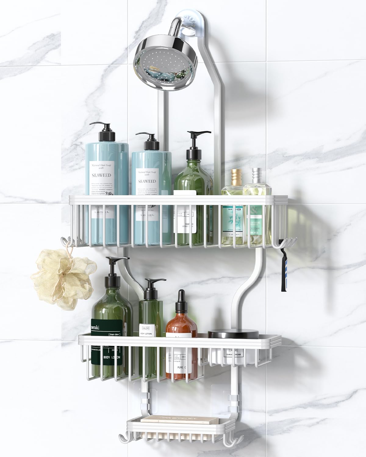 YASONIC Never Rust Shower Caddy Hanging, Aluminum Shower Racks for Inside Shower, 3-Tier Shower Organizer Hanging Over Shower Head with Hooks and Soap Holder, Silver