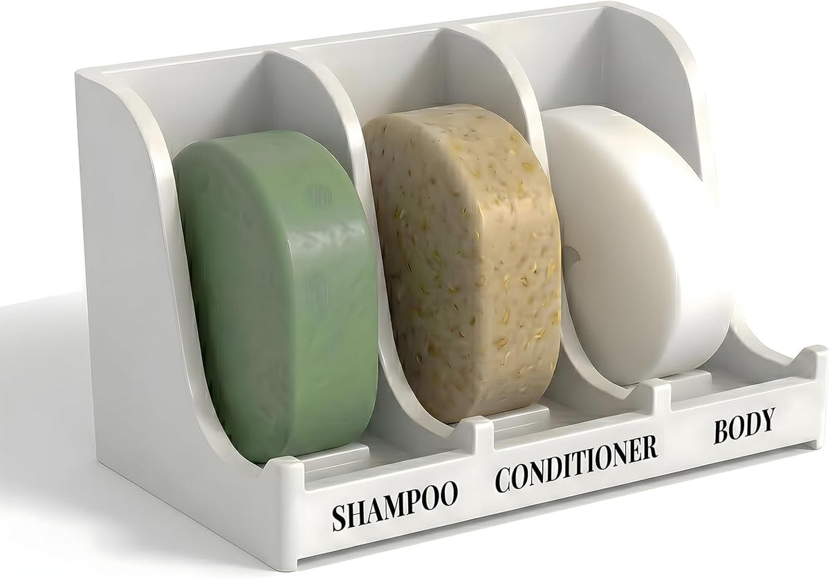 Soap Holder for Shower Wall, 3-Compartment Soap Dish [Patent Pending] | For Shampoo, Conditioner and Body Soap, Fast Draining & Rust-Proof, Strong Adhesive for Long-Term Bathroom Use & Freestanding