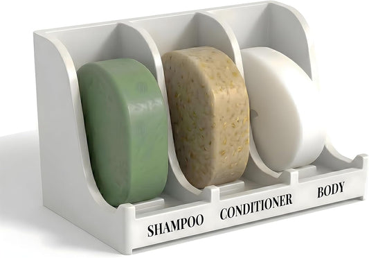 Soap Holder for Shower Wall, 3-Compartment Soap Dish [Patent Pending] | For Shampoo, Conditioner and Body Soap, Fast Draining & Rust-Proof, Strong Adhesive for Long-Term Bathroom Use & Freestanding