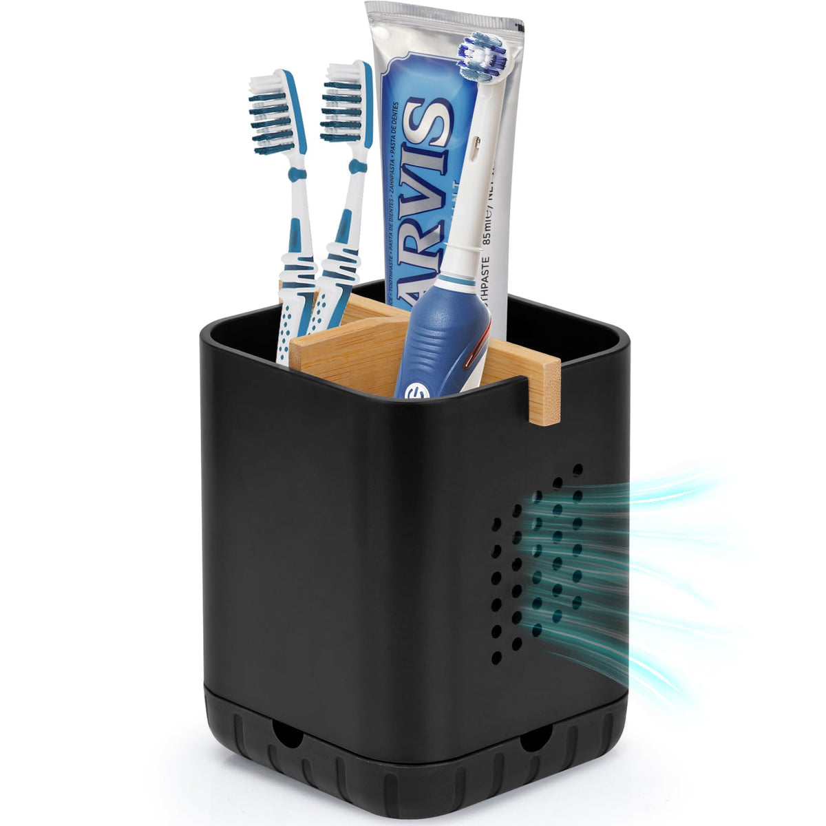 Boperzi Toothbrush and Toothpaste Holder with Bamboo Divider for Bathroom Countertop Organizer, Plastic Detachable Anti-Slip Large Electric Toothbrush Holders Storage Caddy Drainage for Family, Kids
