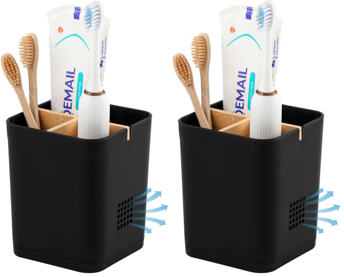 Electric Toothbrush Holder Tooth Brush and Toothpaste Organizer, Black | 3 Slots, Drainage Holes, Removable Bamboo Divider, Ventilation Design, Space-Saving, for Bathroom Countertop, Shower, Vanity