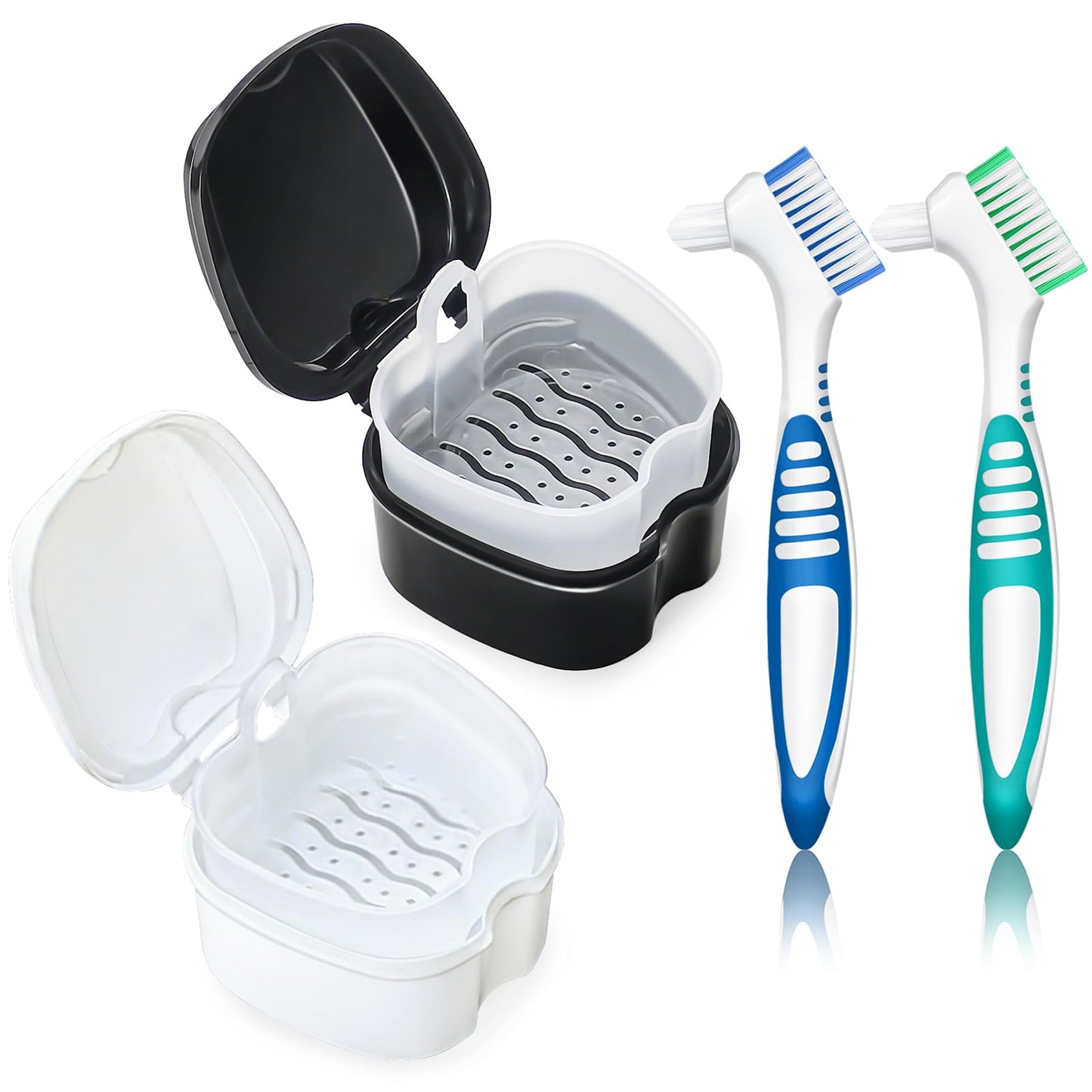 2 Pack Colors Denture Bath Case Cup Retainer Cleaner Holder Case False Teeth Soaking Container Dental Bath Storage Box Case with Strainer Basket and Brush - Rose Red & Black