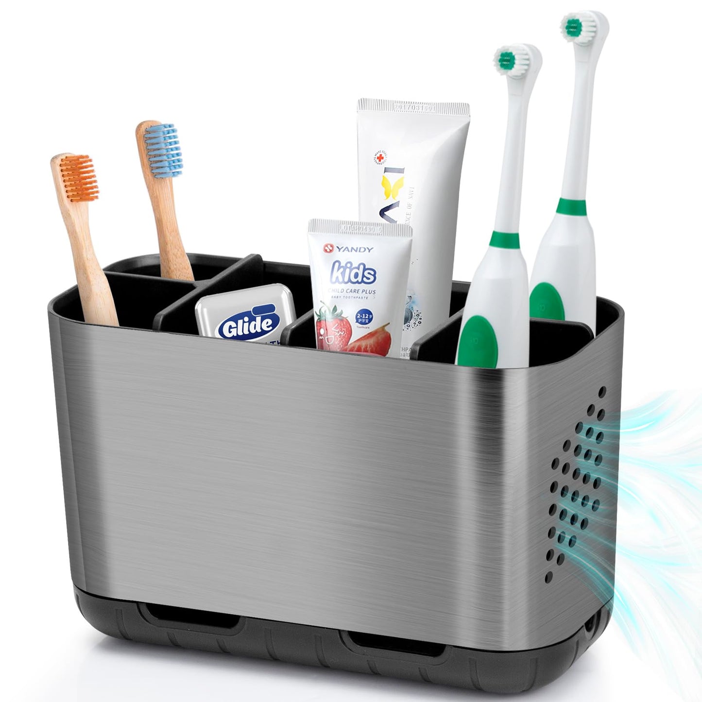 Boperzi Electric Toothbrush Holder for Bathroom Organizer Countertop, Detachable Anti-Slip Blue Toothpaste Storage Caddy 6 Slots White with Drainage Holes for Makeup Brush Razor Stand