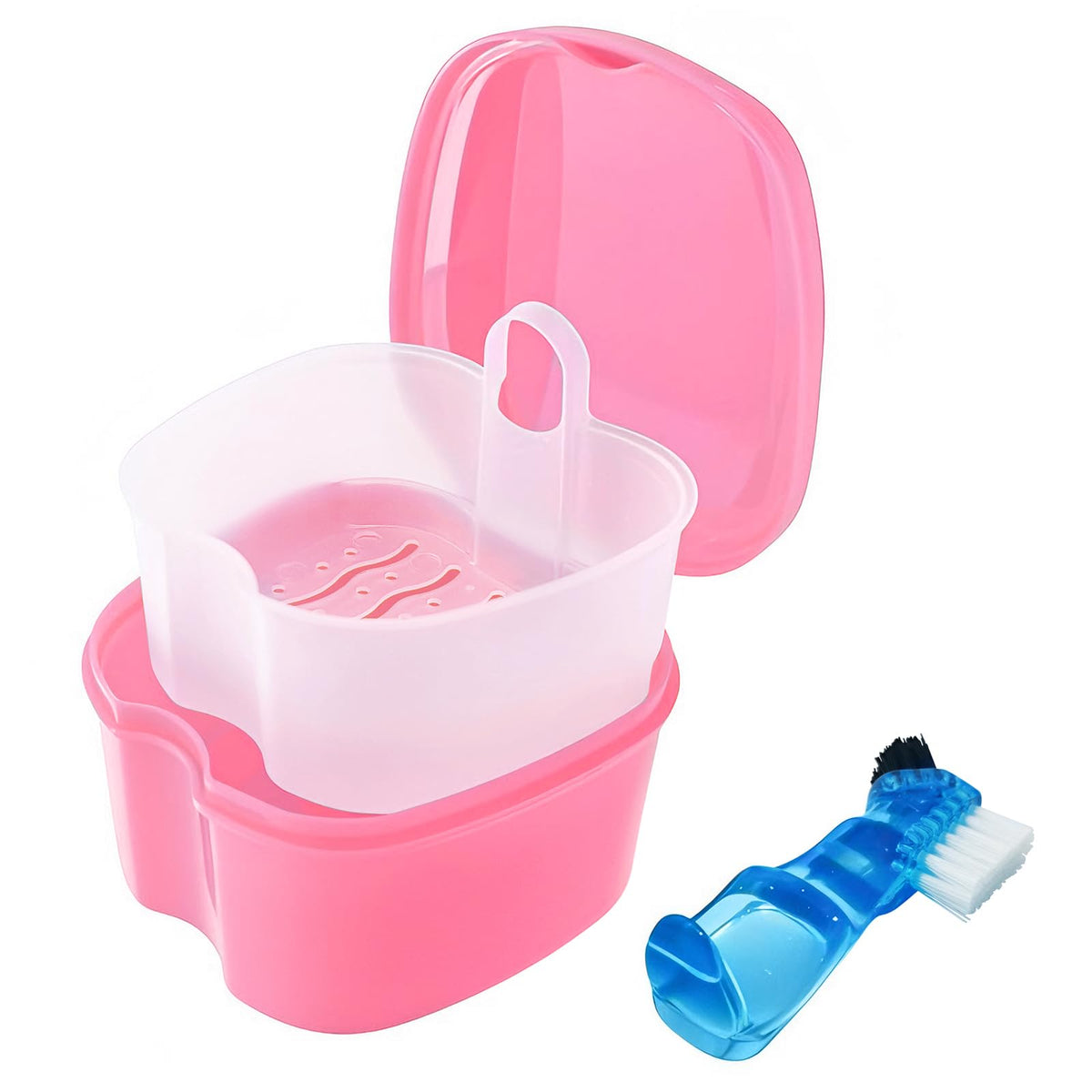 2 Pack Denture Case Dental Mouthguard Case, Denture Bath Box Cleaning with Brush, Strainer Basket and Lid Waterproof - Purple and Blue