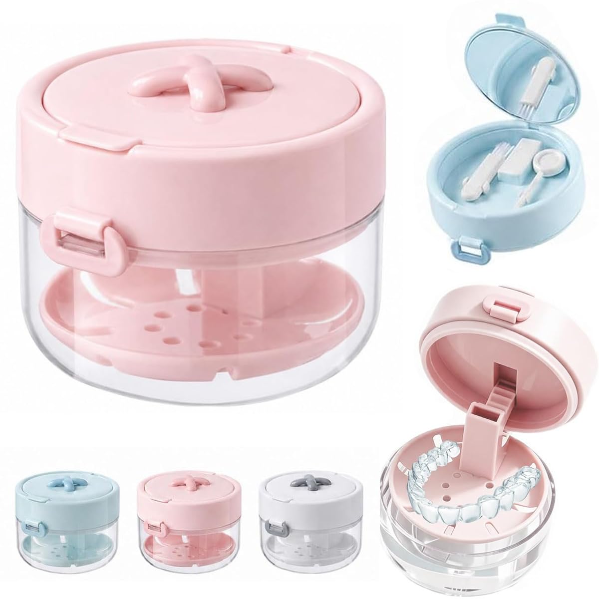 3-in-1 Retainer Case with Mirror & Cleaning Brush, Leak-Proof Aligner Storage Box with Auto-Rising Bath, Strainer Basket & Remover Tool, Portable Dental Travel Kit for Daily Care (White)