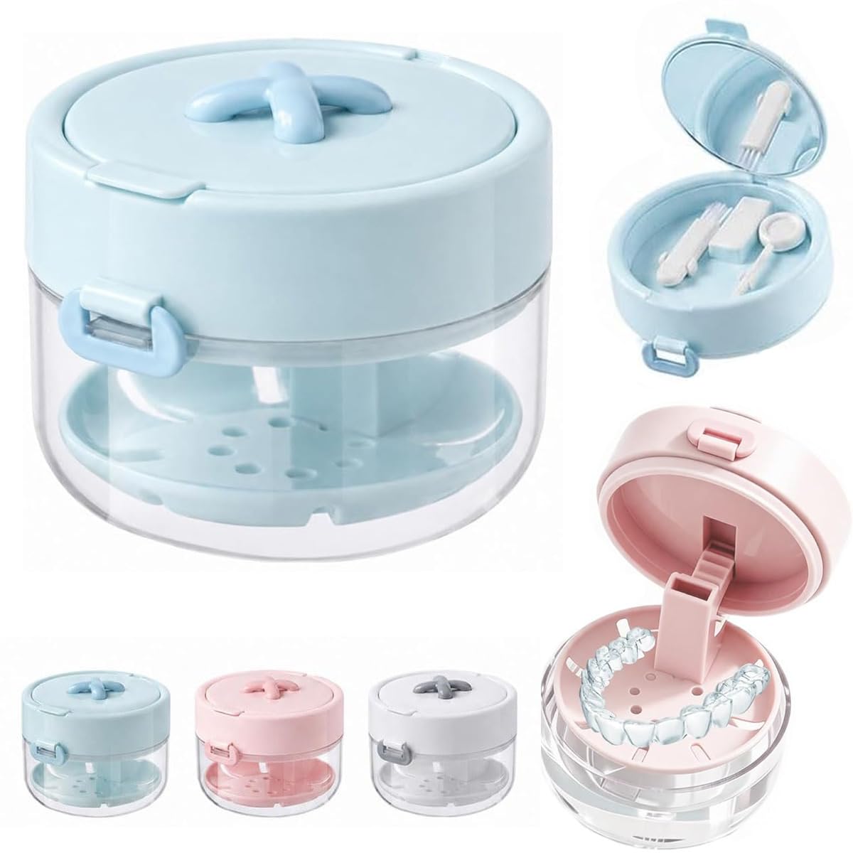3-in-1 Retainer Case with Mirror & Cleaning Brush, Leak-Proof Aligner Storage Box with Auto-Rising Bath, Strainer Basket & Remover Tool, Portable Dental Travel Kit for Daily Care (White)