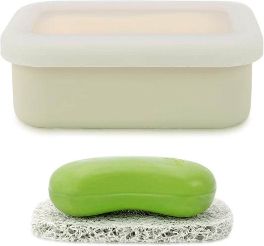 Travel Soap Case, Leak Proof Soap Container, Silicone Soap Box with Drainage Layer, Shatterproof Soap Holder for Travel, Camping, Gym(Off-White, Regular)