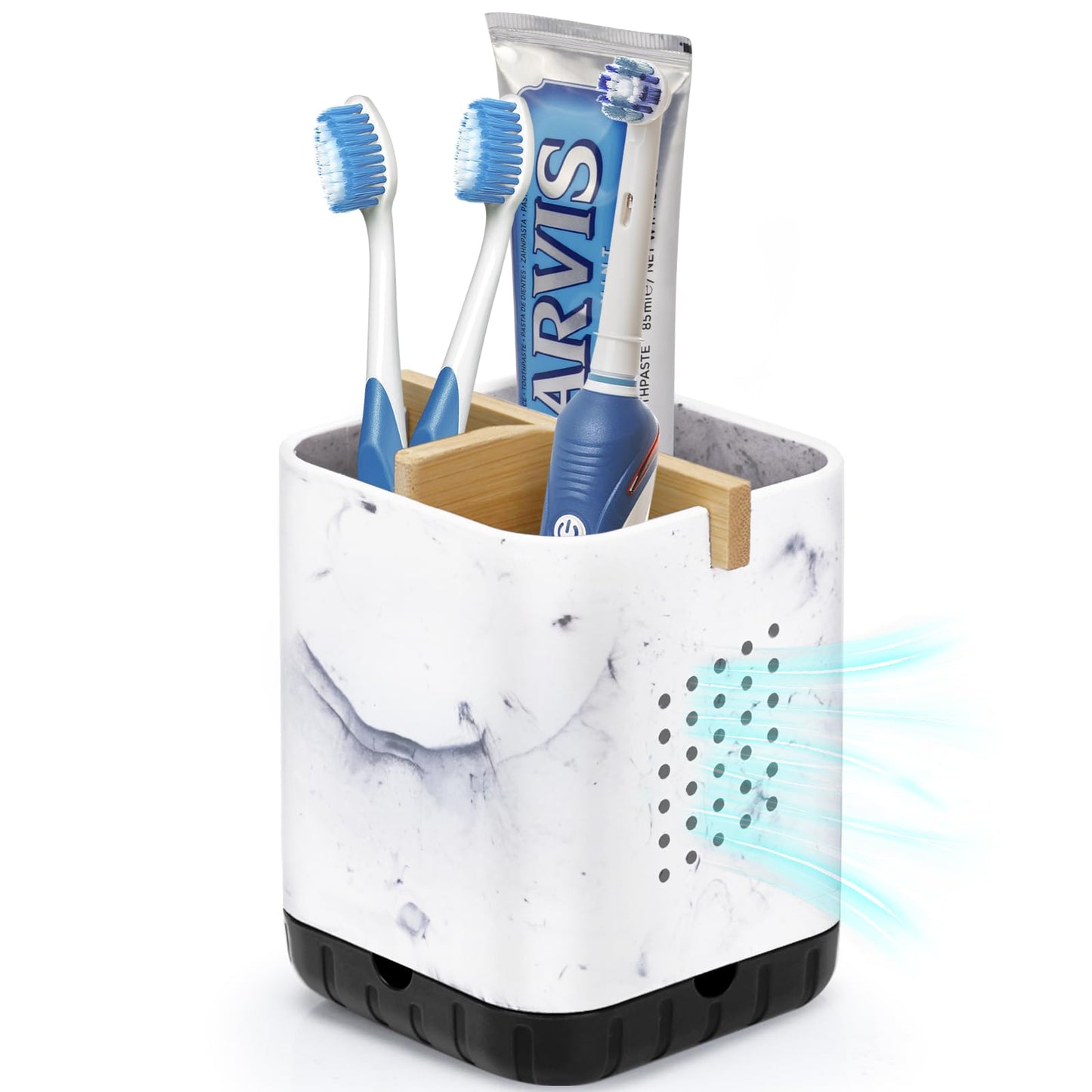 Boperzi Toothbrush and Toothpaste Holder with Bamboo Divider for Bathroom Countertop Organizer, Plastic Detachable Anti-Slip Large Electric Toothbrush Holders Storage Caddy Drainage for Family, Kids