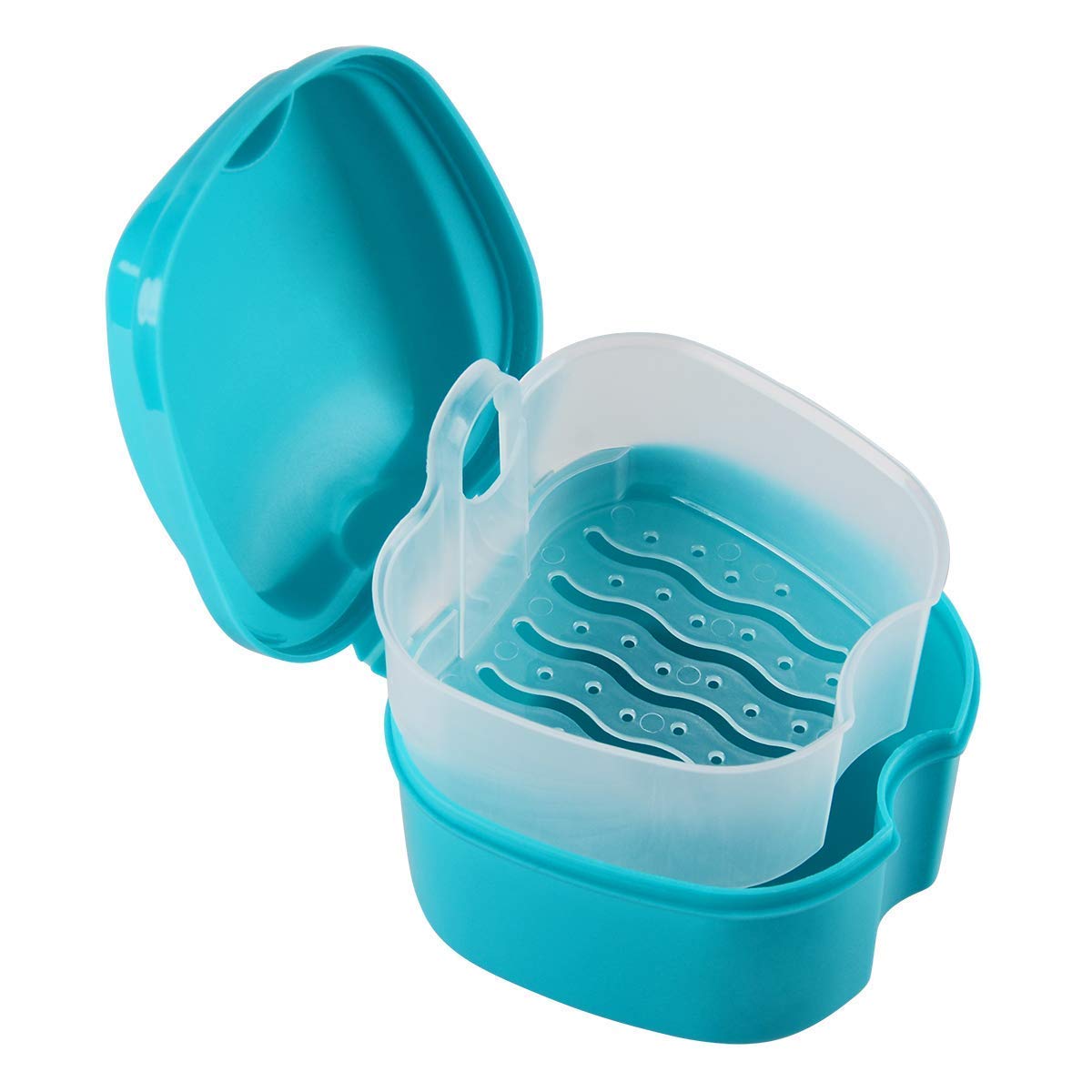 Coolrunner Denture Case, Denture Cup with Strainer, Denture Bath Box False | Teeth Storage Box with Basket Net Container Holder for Travel, Retainer Cleaning (Green)