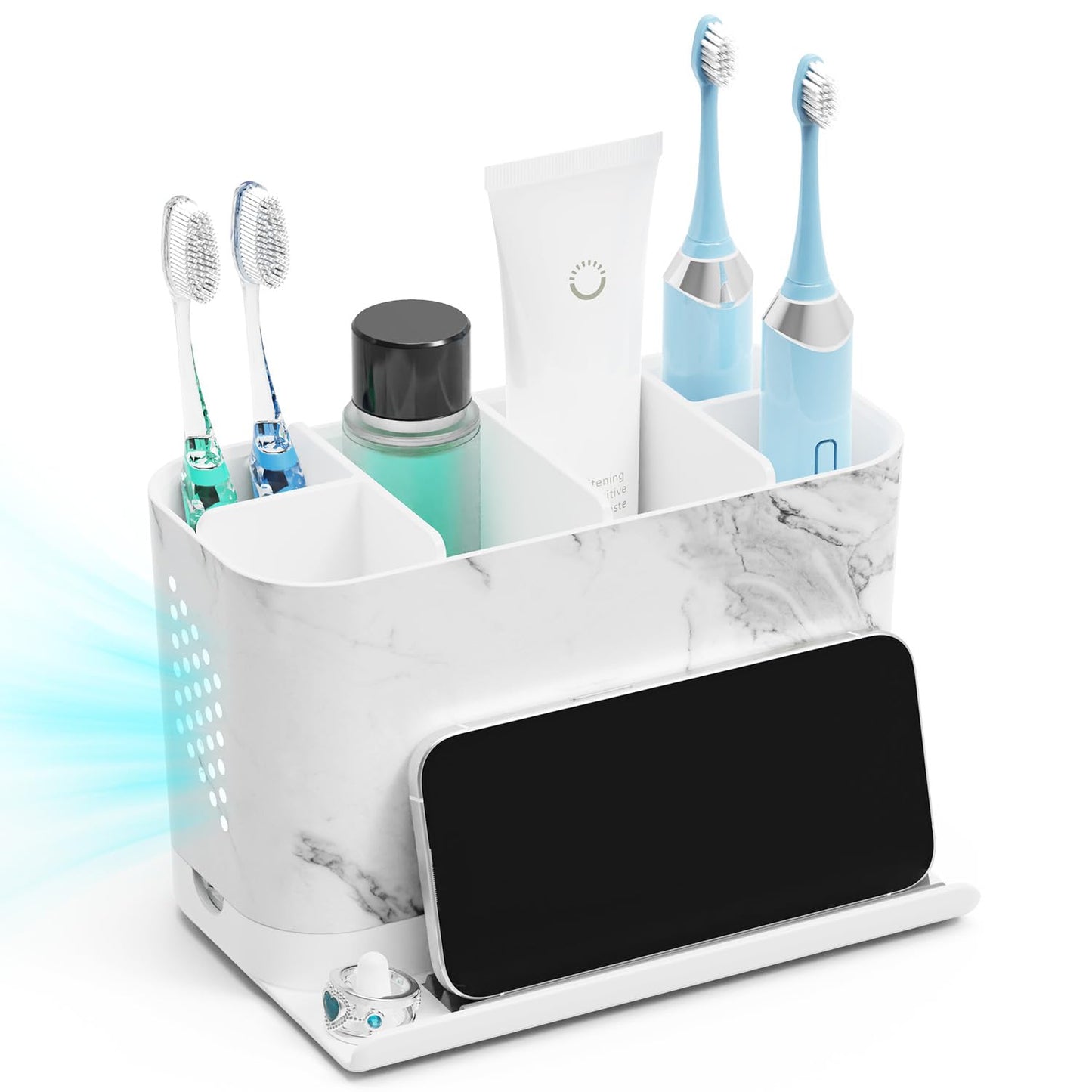 Toothbrush Holders for Bathrooms, Adjustable 6 Slots Electric Toothbrush and Toothpaste Holder, Cord-Friendly Detachable Bathroom Countertop Organizer with Front Ledge for Phone and Ring Holder