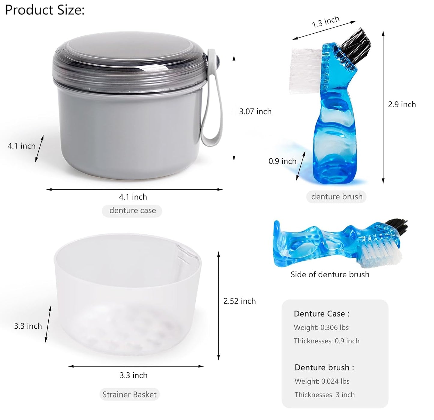 Leak Proof Travel Denture Bath Case for Full Dentures, Denture Cups for Soaking Dentures, Denture Container Cups with Brush for Dentures, Aligner, Retainers, Mouth Guard (Gray)