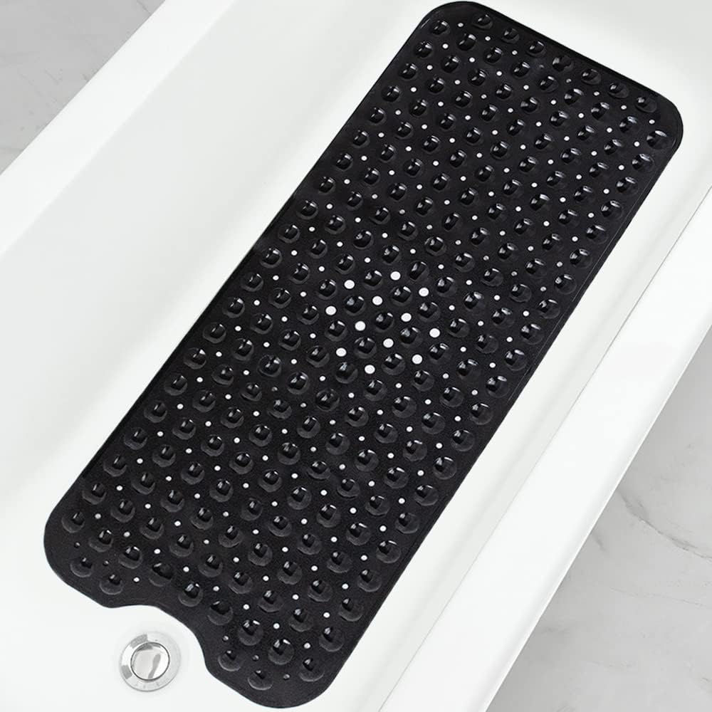 Extra Long Non-Slip Bathtub Shower Mat, 39 x 16 Inch Black Bath Mat | Built with Strong Suction Cups & Quick Drain Holes, Machine Washable Anti-Slip Mat for Bathroom Tub & Shower Floor