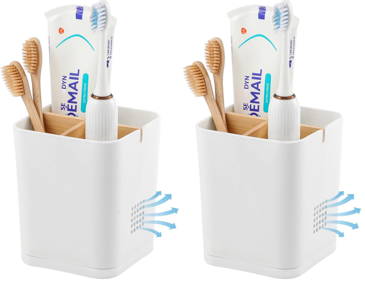 Electric Toothbrush Holder Tooth Brush and Toothpaste Organizer, Black | 3 Slots, Drainage Holes, Removable Bamboo Divider, Ventilation Design, Space-Saving, for Bathroom Countertop, Shower, Vanity
