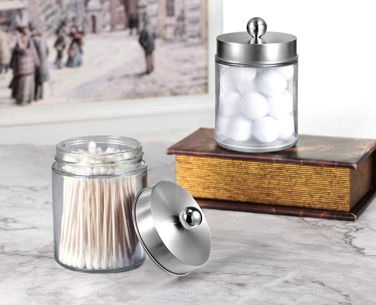 Amolliar Apothecary Jar Qtip Holder w/Metal Lid, Glass, Brushed Nickel | for Bathroom Vanity Storage, Countertop, Farmhouse Style, Holds Cotton Swabs, Dental Floss, Makeup Sponges