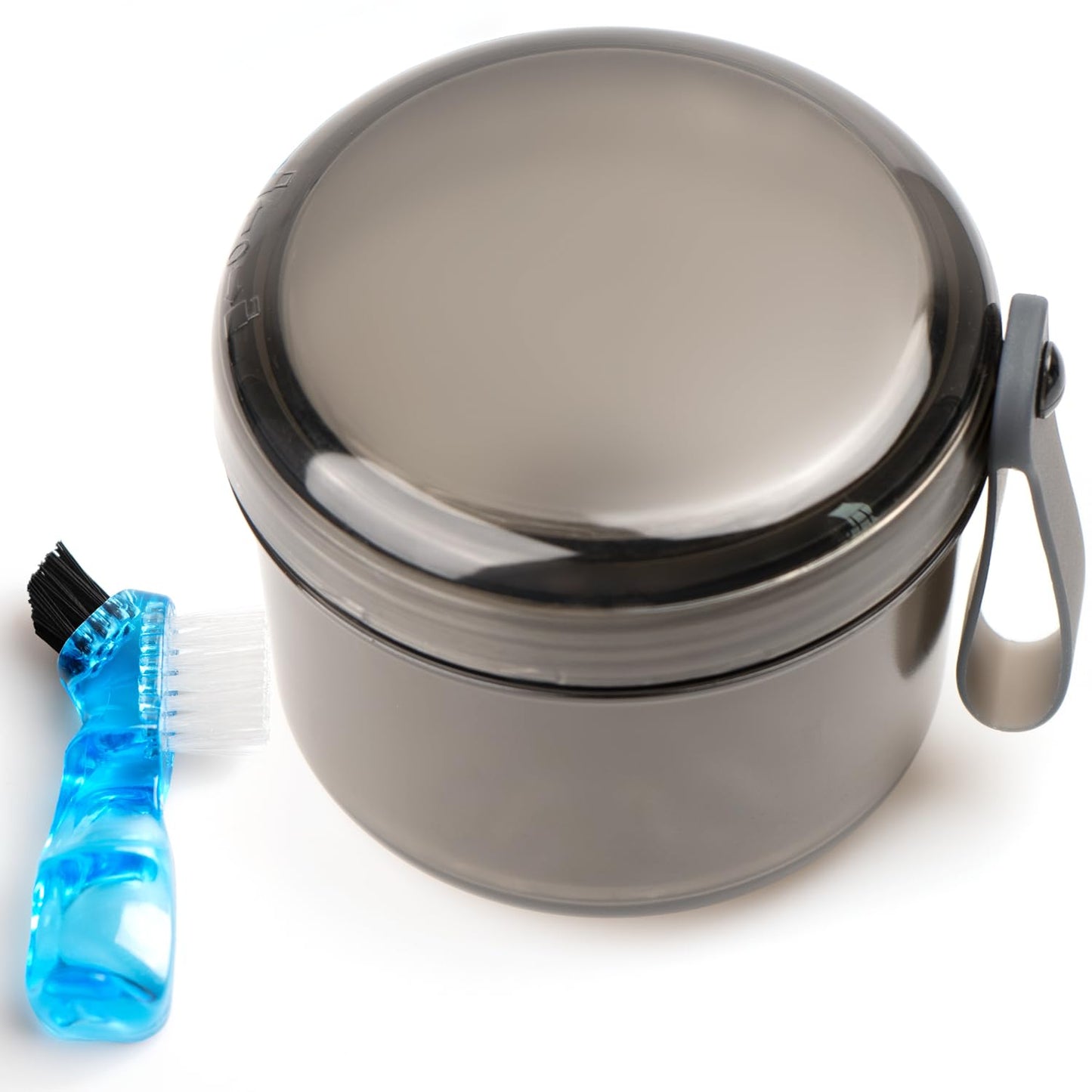 Leak Proof Travel Denture Bath Case for Full Dentures, Denture Cups for Soaking Dentures, Denture Container Cups with Brush for Dentures, Aligner, Retainers, Mouth Guard (Gray)