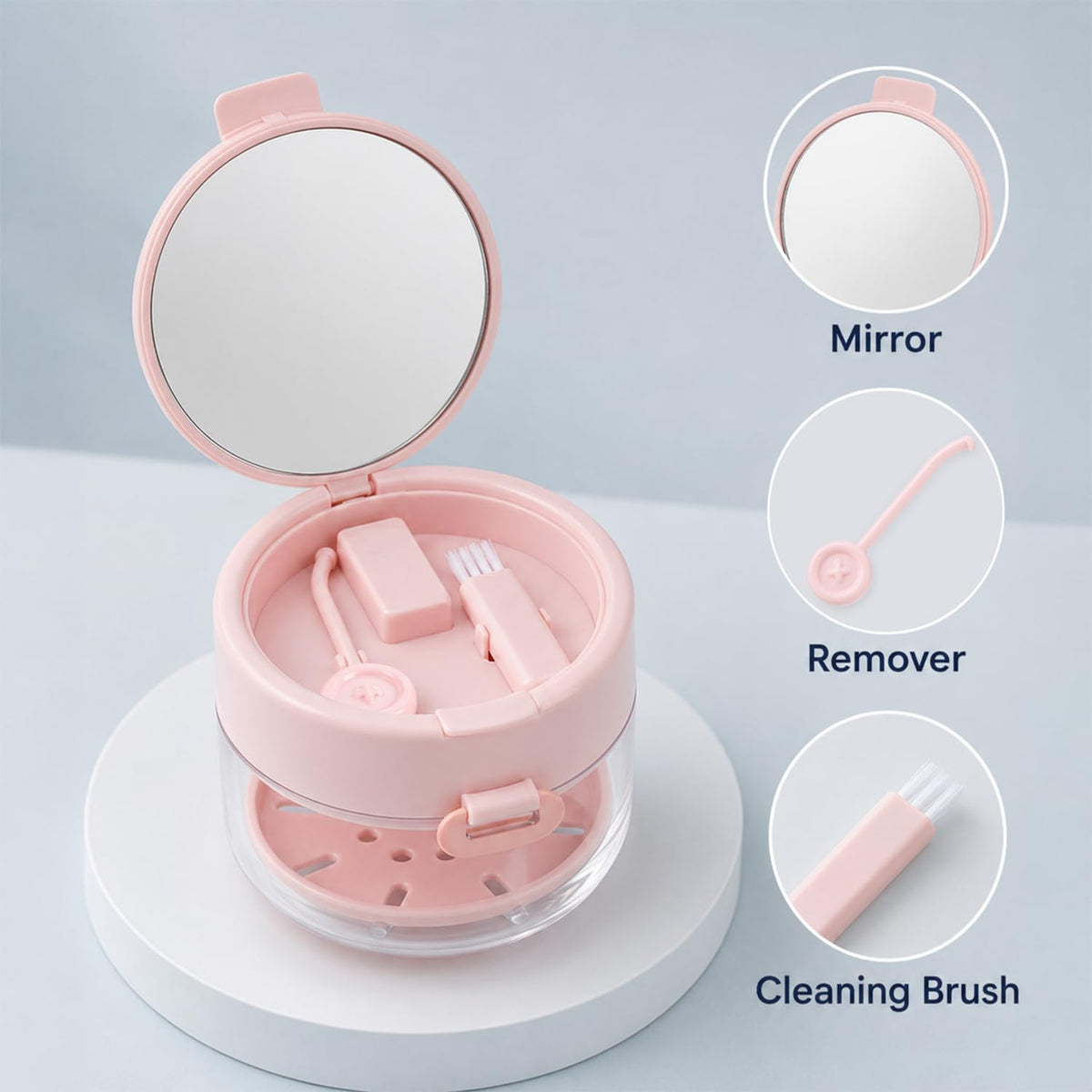 3-in-one dentures, retainer cleaning box,Retainer Case for Women Teen Girls,Large Capacity Denture Bath Case with Mirror Cleaning Brush and Removal Tool for Orthodontic and Denture Users(white)