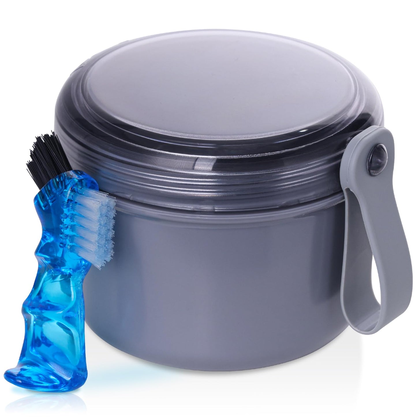Denture Case, Leakproof Denture Soaking & Retainer Cleaning Container Cup | Durable, With Strainer Basket for Cleaning Full & Partial Dentures, Retainer, Mouthguard, Kit: Denture Cleaner Brush - Grey