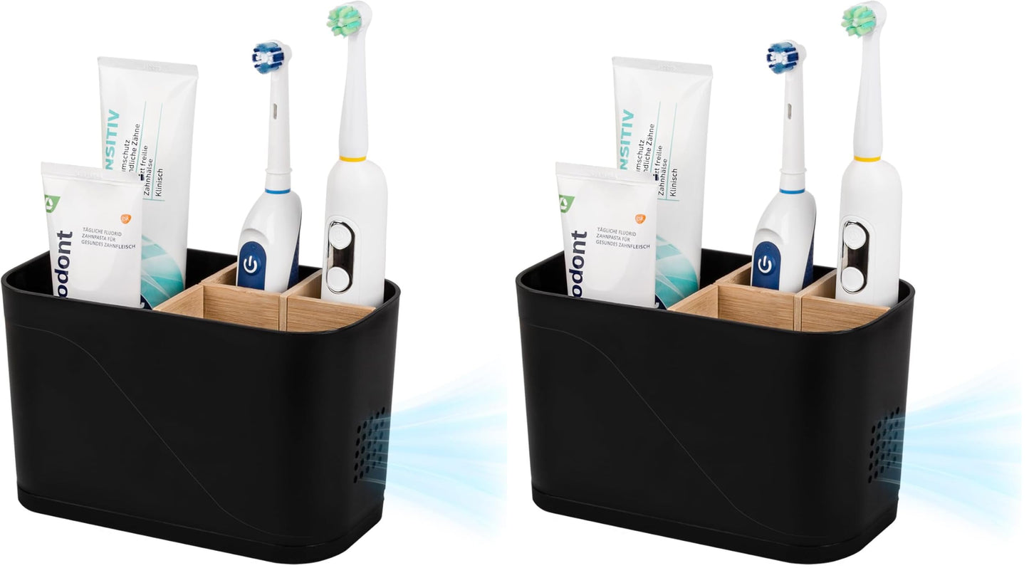 Electric Toothbrush Holder Tooth Brush and Toothpaste Organizer, Black | 3 Slots, Drainage Holes, Removable Bamboo Divider, Ventilation Design, Space-Saving, for Bathroom Countertop, Shower, Vanity