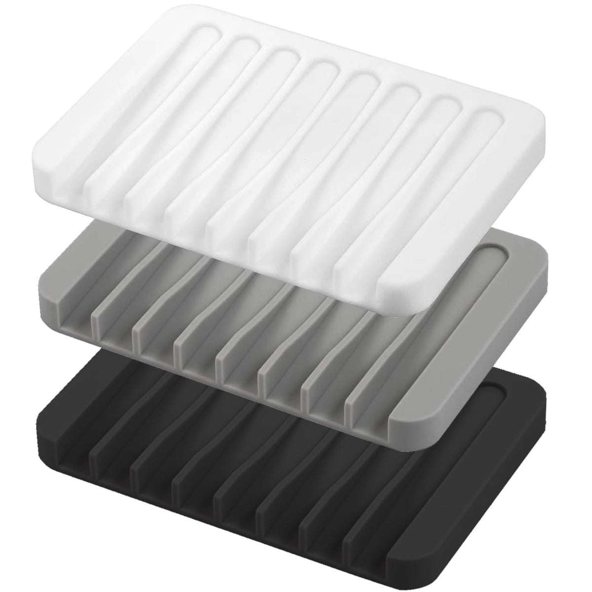 Self Draining Soap Dishes, 3 Pcs Silicone Soap Saver, Waterfall Drainer Soap Holder for Bathroom, Extend Soap Life, Keep Soap Bars Dry Clean & Easy Cleaning (White, Gray, Teal)