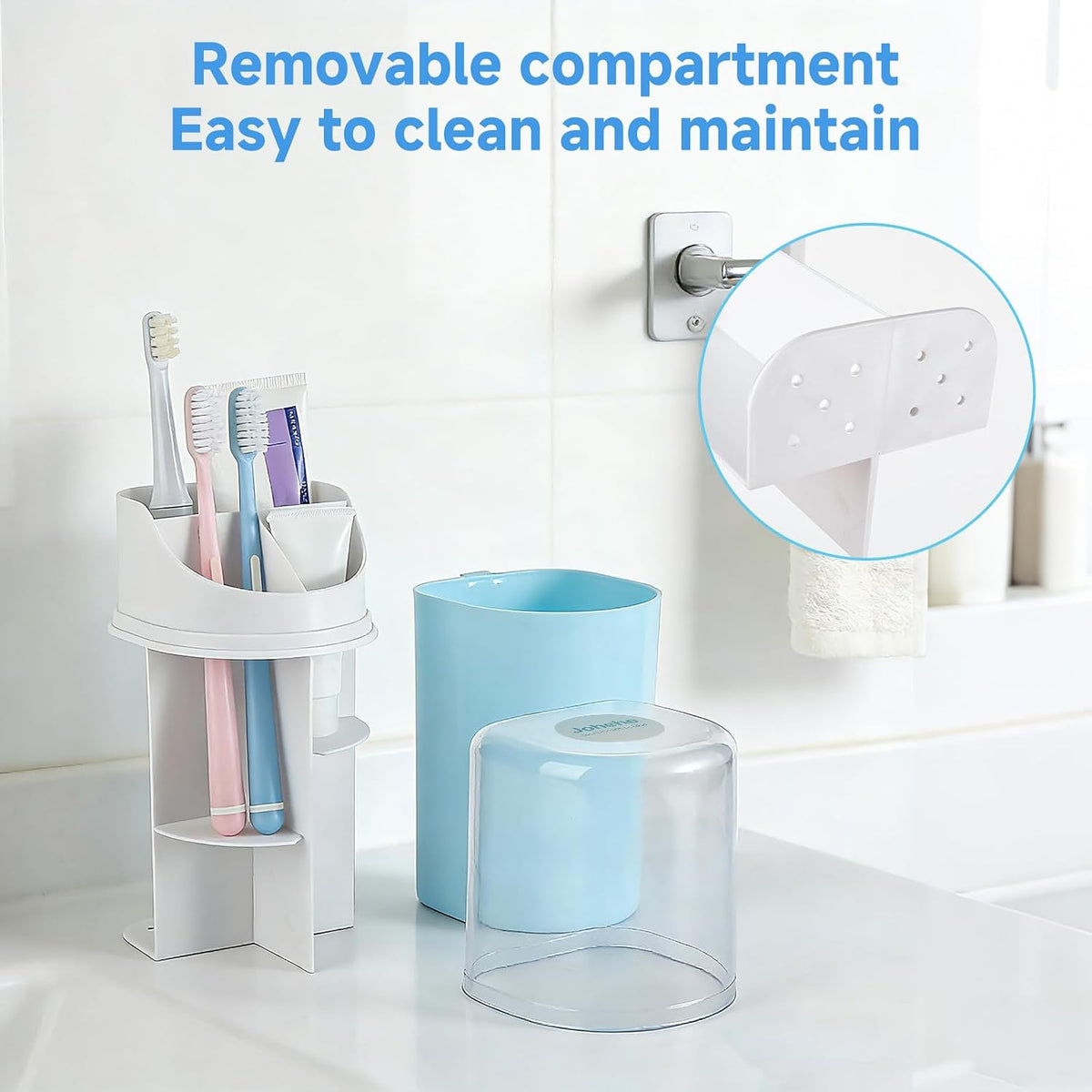 Toothbrush Organizer with Cover,4 Slots for Bathroom Toothbrush Holders,Dustproof Design,with Wall Mounted,Electric Toothbrush Holder and Toothpaste Holder,Bathroom Countertop Storage